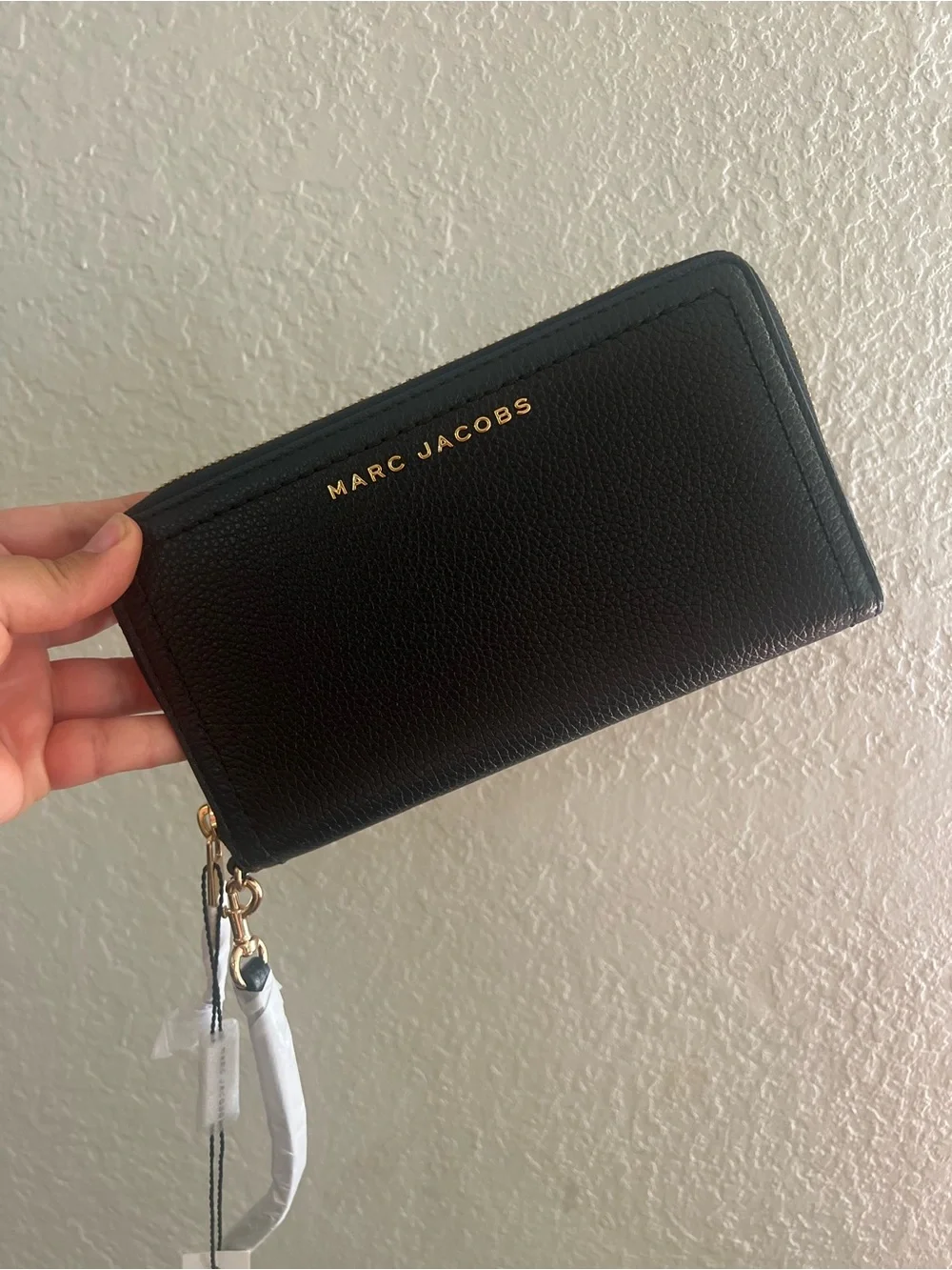 Marc Jacobs Black Pebbled Leather Wristlet Wallet with Gold Logo
